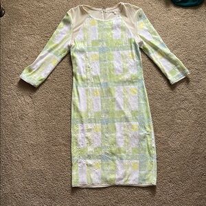 RACHEL Rachel Roy Green and White 3/4 Sleeve Sequin Sheath Dress Mesh Panels